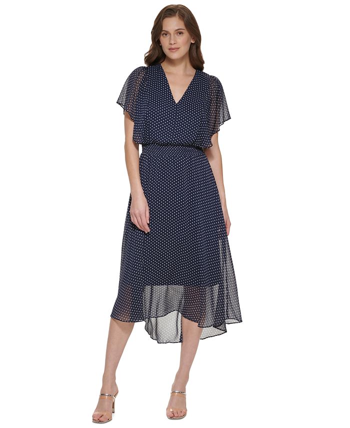 Vestido feminino DKNY com babados e cintura franzida, azul, tamanho 6