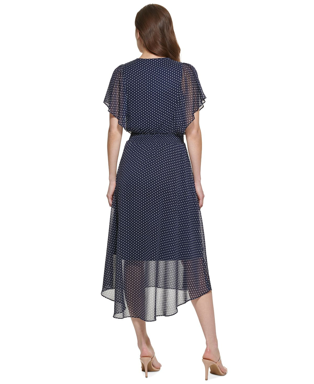 Vestido feminino DKNY com babados e cintura franzida, azul, tamanho 6