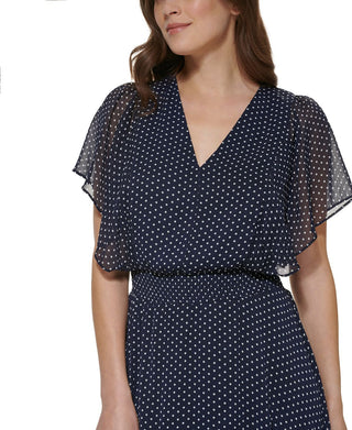 Vestido feminino DKNY com babados e cintura franzida, azul, tamanho 6
