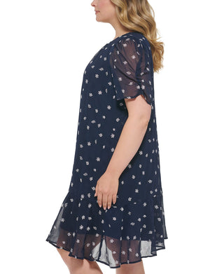 Vestido midi bordado DKNY feminino, azul, tamanho 22W