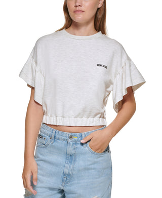 Camiseta feminina DKNY com manga curta e babados, marrom, tamanho pequeno