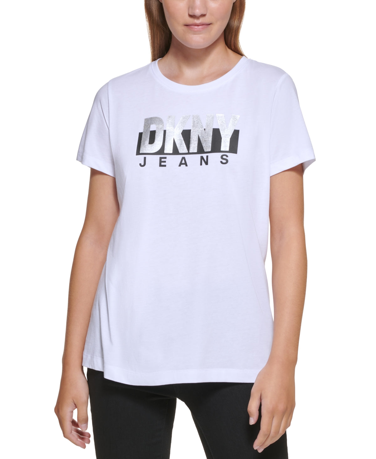 Camiseta feminina DKNY com logotipo metálico, branca, tamanho XX-S