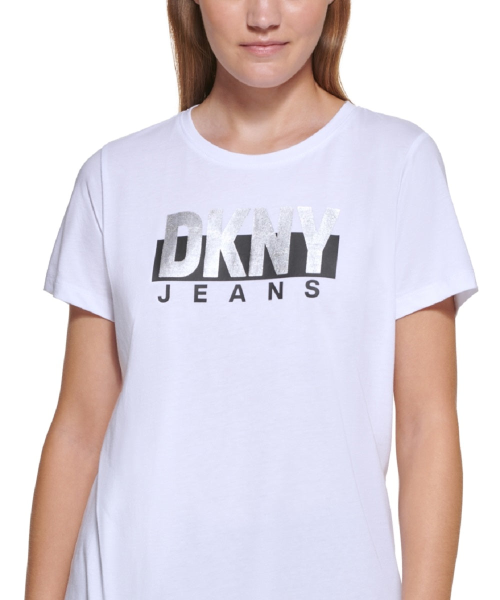 Camiseta feminina DKNY com logotipo metálico, branca, tamanho XX-S