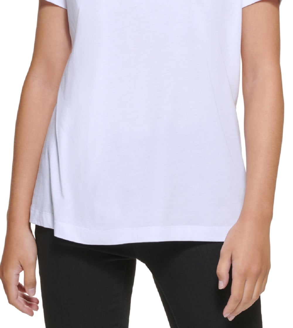 Camiseta feminina DKNY com logotipo metálico, branca, tamanho XX-S