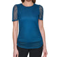 Blusa feminina DKNY com mangas transparentes franzidas, azul, tamanho pequeno, extragrande