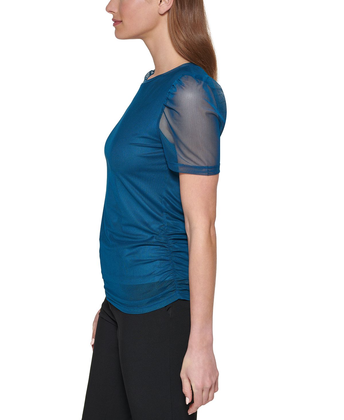 Blusa feminina DKNY com mangas transparentes franzidas, azul, tamanho pequeno, médio