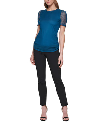 DKNY Women's Ruched Sheer Sleeve Top Blue Size Petite Medium