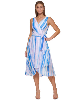 DKNY Women's Printed Faux Wrap Tiered Midi Dress Blue Size 16