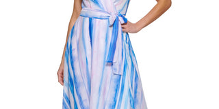 Vestido midi com estampa falsa e envoltório DKNY feminino, azul, tamanho 16