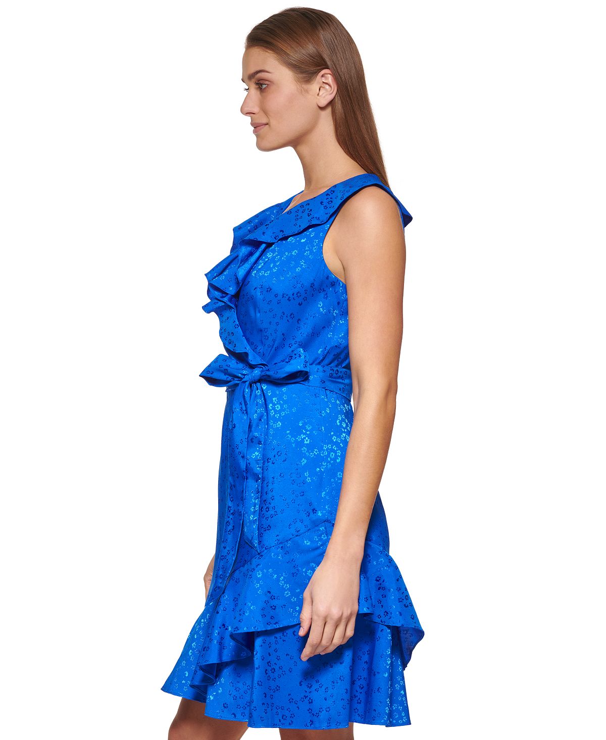 Vestido envelope falso com babados DKNY feminino, azul, tamanho 8