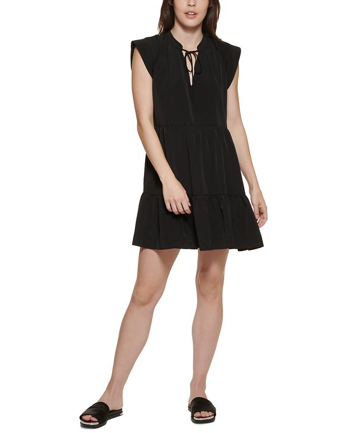 Vestido feminino DKNY com decote em camadas e amarração, preto, tamanho extrapequeno