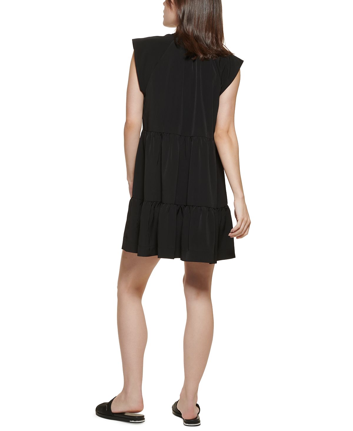 Vestido feminino DKNY com decote em camadas e amarração, preto, tamanho extrapequeno