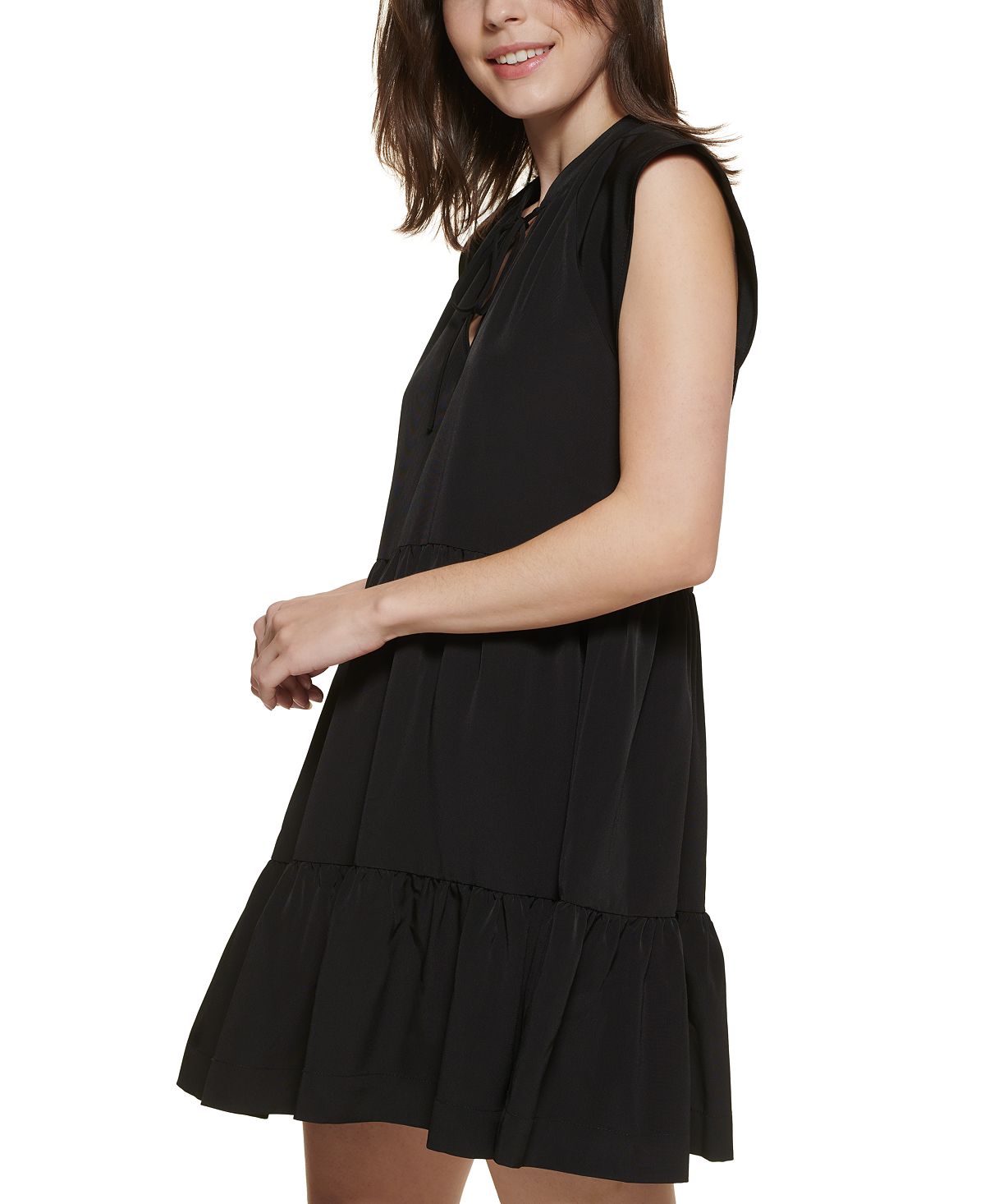 Vestido feminino DKNY com decote em camadas e amarração, preto, tamanho extrapequeno