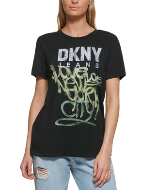 Camiseta feminina DKNY com logotipo Graffiti, preta, tamanho grande