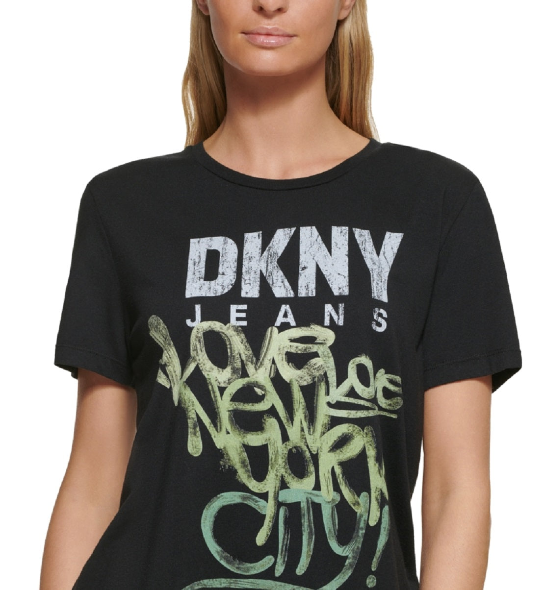 Camiseta feminina DKNY com logotipo Graffiti, preta, tamanho grande