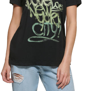 Camiseta feminina DKNY com logotipo Graffiti, preta, tamanho grande