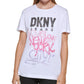 Camiseta feminina DKNY com logo Graffiti, branca, tamanho médio