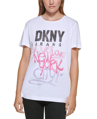Camiseta feminina DKNY com logo Graffiti, branca, tamanho pequeno