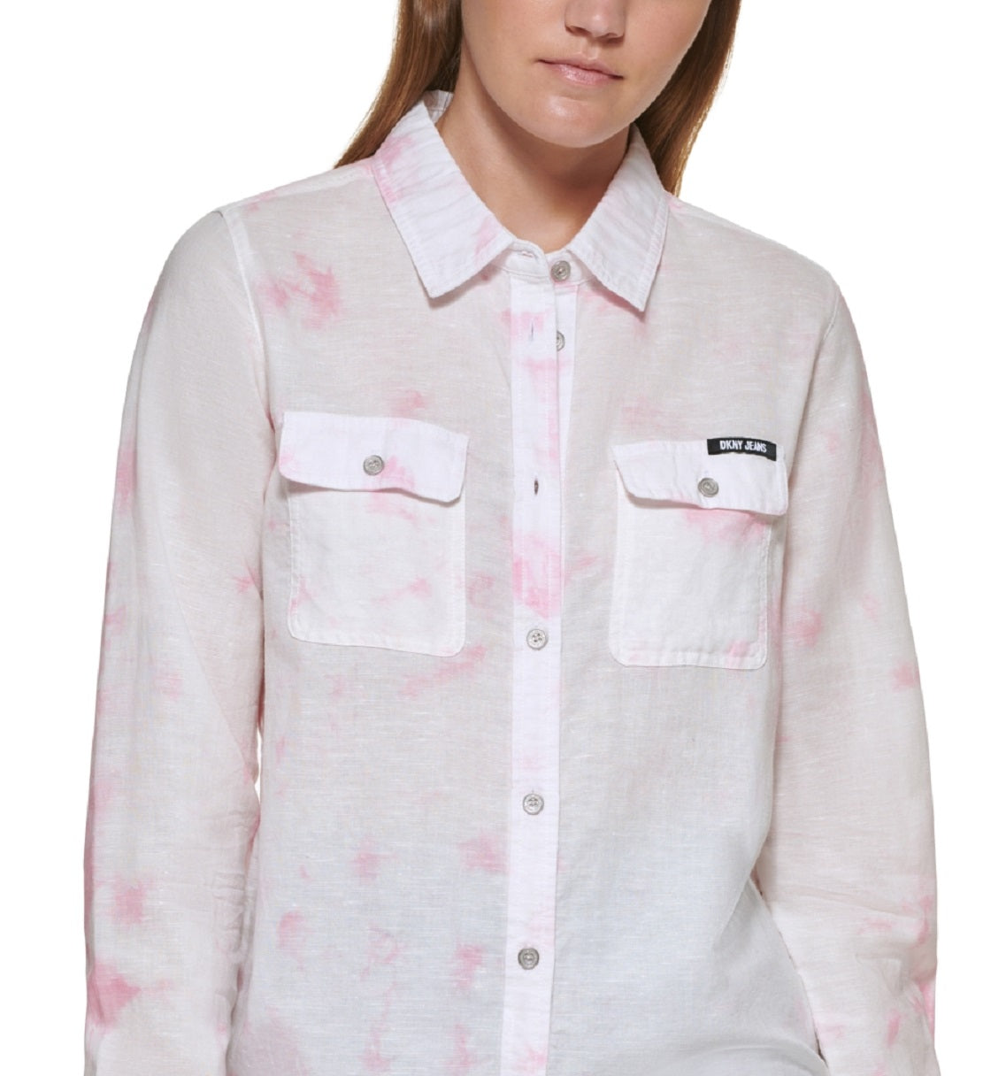 Camisa feminina estampada DKNY com botões, rosa, tamanho grande