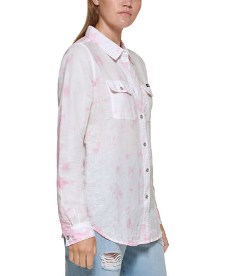 DKNY Women's Printed Button Up Shirt Pink Size Large