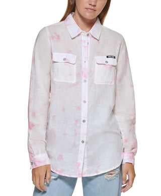 DKNY Women's Printed Button Up Shirt Pink Size Large