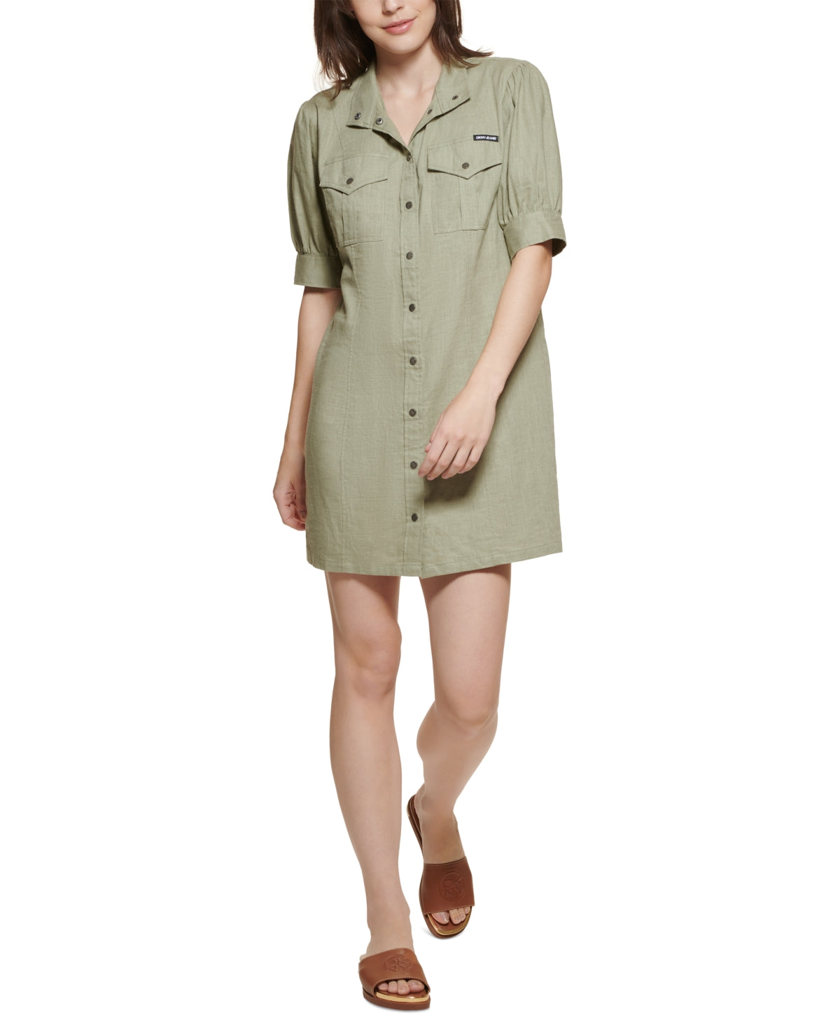 Vestido feminino DKNY com manga bufante e botões frontais, verde, tamanho médio