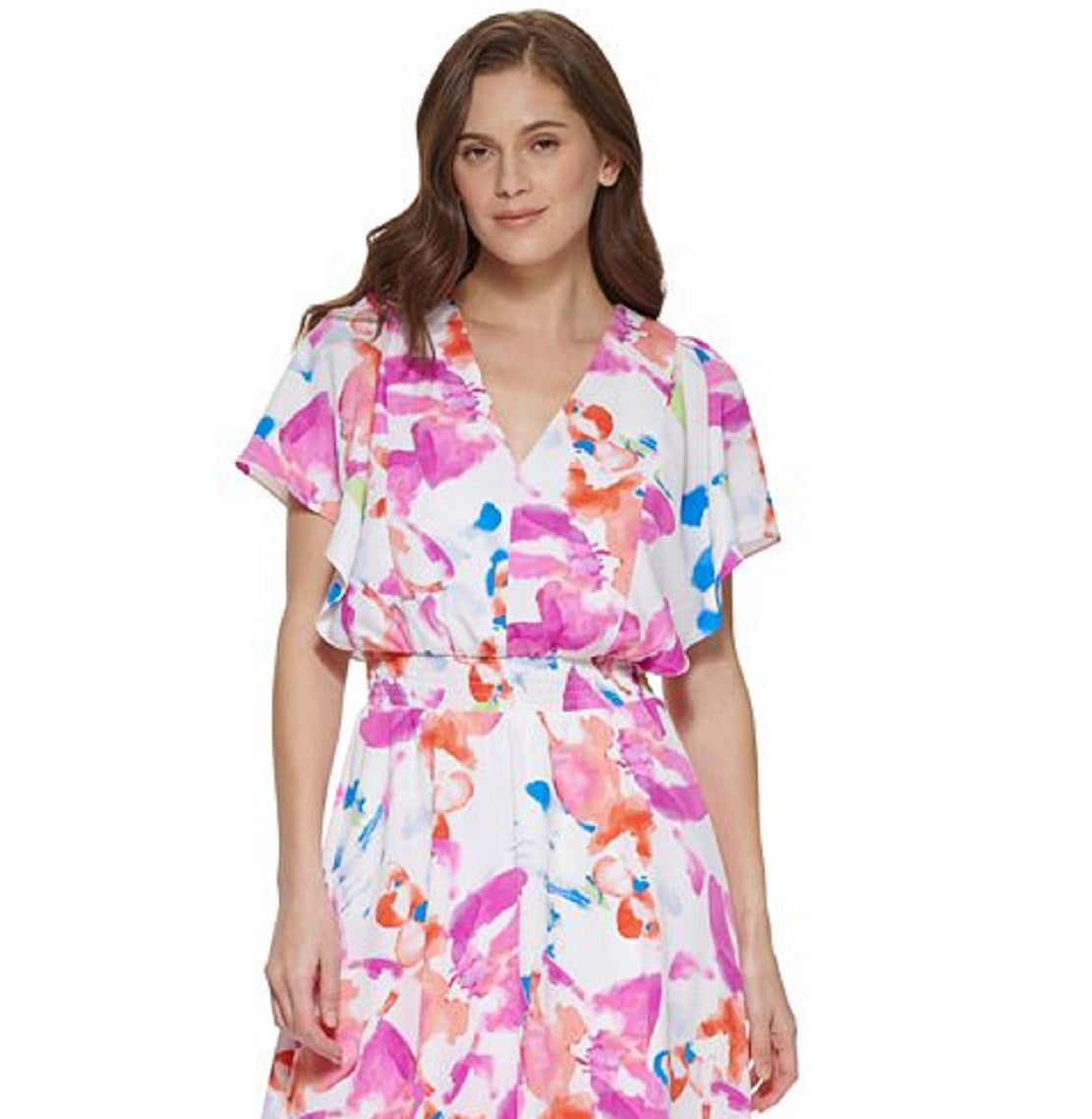 Vestido midi feminino DKNY com cintura franzida, rosa, tamanho 10, pequeno