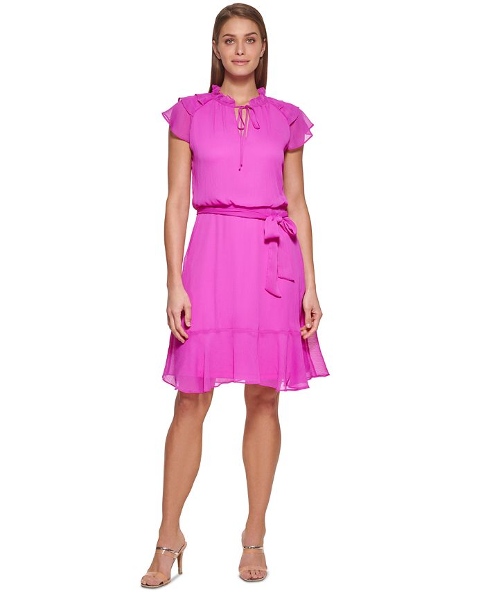 Vestido feminino DKNY com babados e bainha rosa, tamanho 4, pequeno