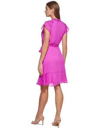 Vestido feminino DKNY com babados e bainha rosa, tamanho 4, pequeno
