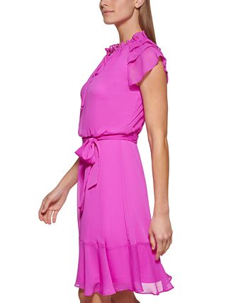 Vestido feminino DKNY com babados e bainha rosa, tamanho 4, pequeno
