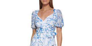 Vestido envelope falso com manga balão feminino DKNY, branco, tamanho 2, pequeno