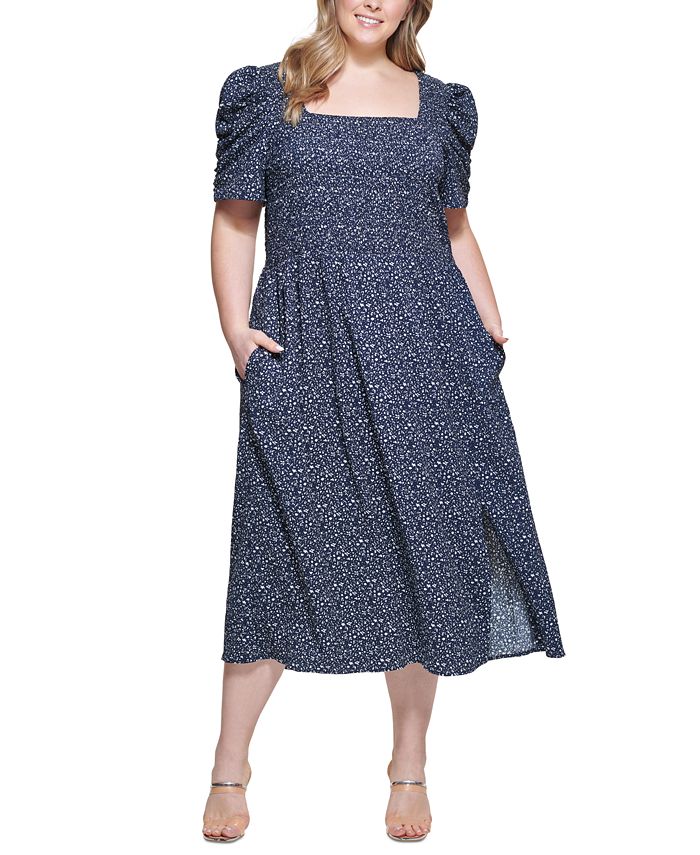 Vestido midi smocked de manga curta feminino DKNY, azul, tamanho 14W