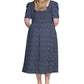 Vestido midi smocked de manga curta feminino DKNY, azul, tamanho 14W