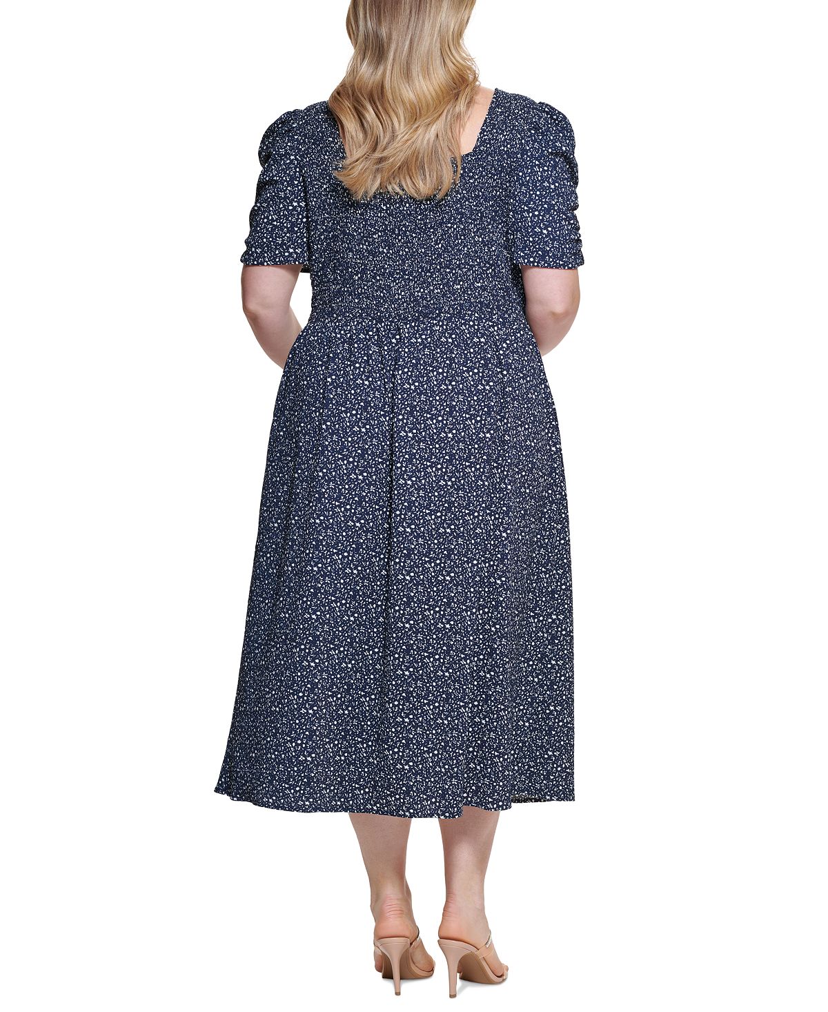 Vestido midi smocked de manga curta feminino DKNY, azul, tamanho 14W