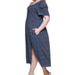Vestido midi smocked de manga curta feminino DKNY, azul, tamanho 14W