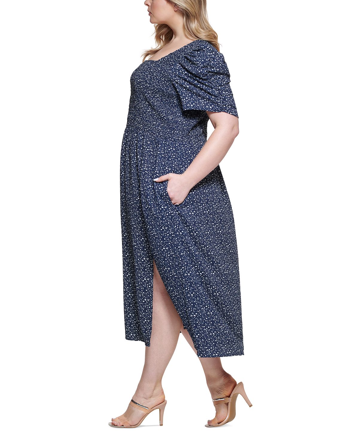 Vestido midi smocked de manga curta feminino DKNY, azul, tamanho 14W