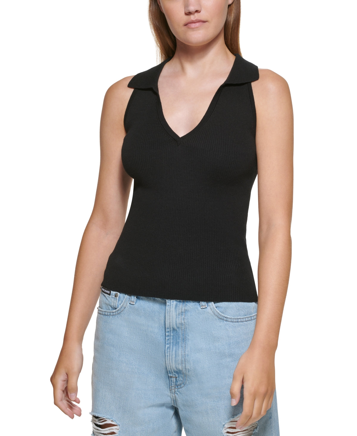 Suéter polo feminino DKNY preto, tamanho médio