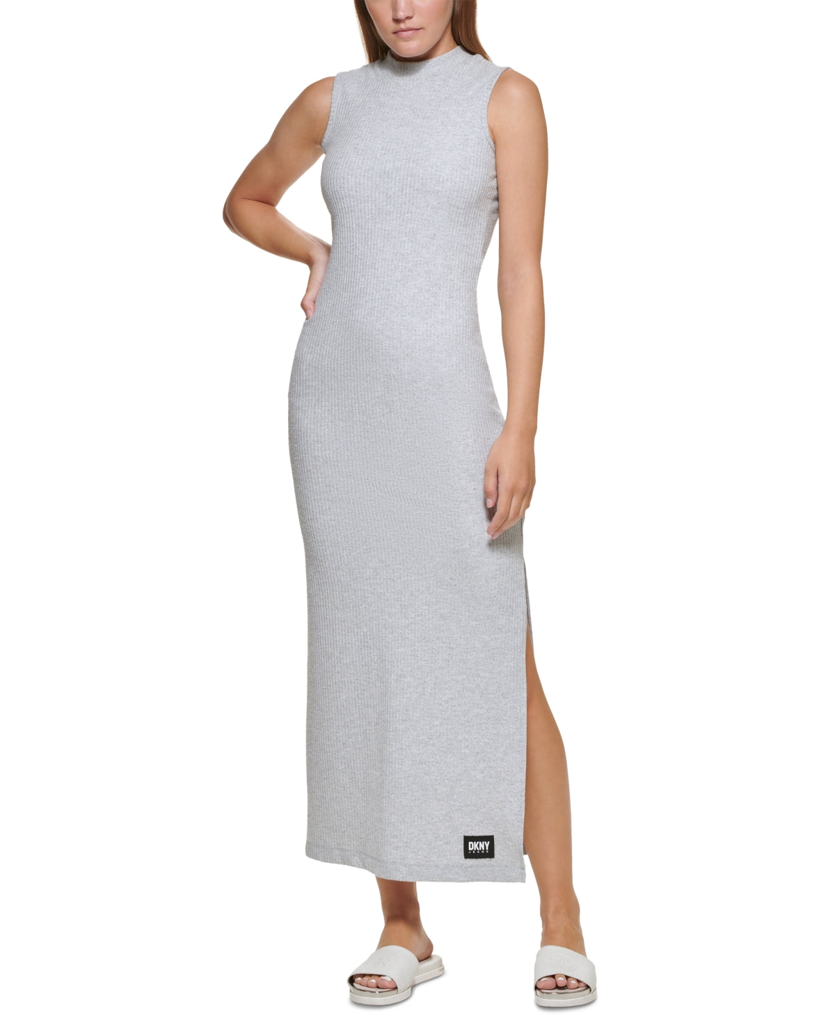 Vestido feminino DKNY sem mangas com decote simulado, cinza, tamanho extragrande