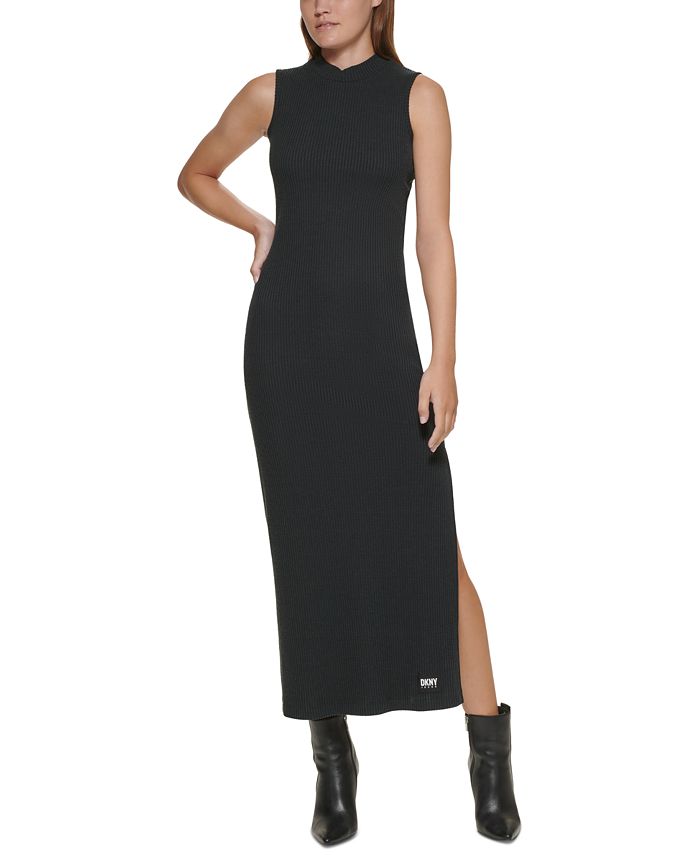 Vestido feminino DKNY sem mangas com decote falso, preto, tamanho médio
