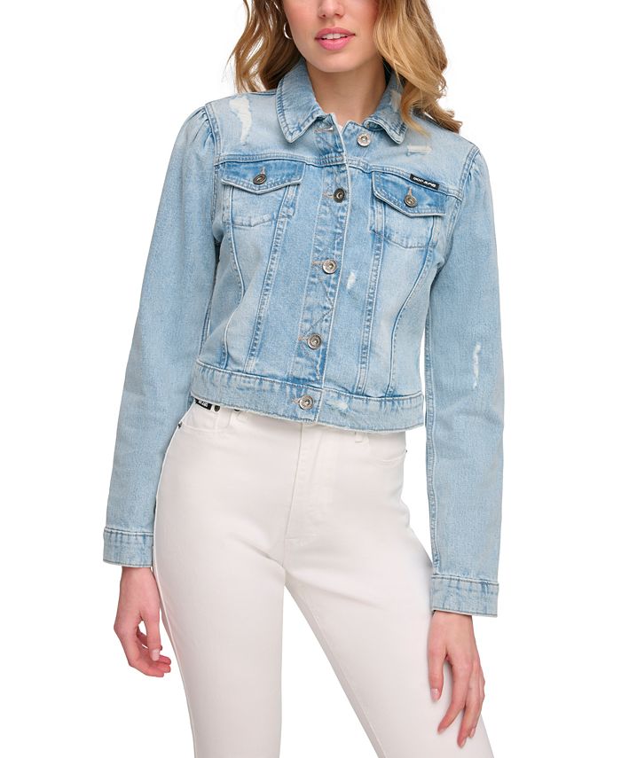 Jaqueta jeans DKNY feminina com manga bufante e efeito desgastado, azul, tamanho X-S