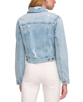 Jaqueta jeans DKNY feminina com manga bufante e efeito desgastado, azul, tamanho X-S