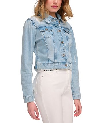 Jaqueta jeans DKNY feminina com manga bufante e efeito desgastado, azul, tamanho X-S