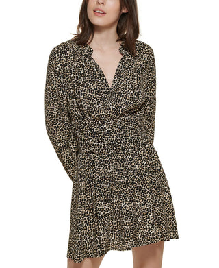 Vestido feminino DKNY com estampa de leopardo e decote dividido, preto, tamanho médio
