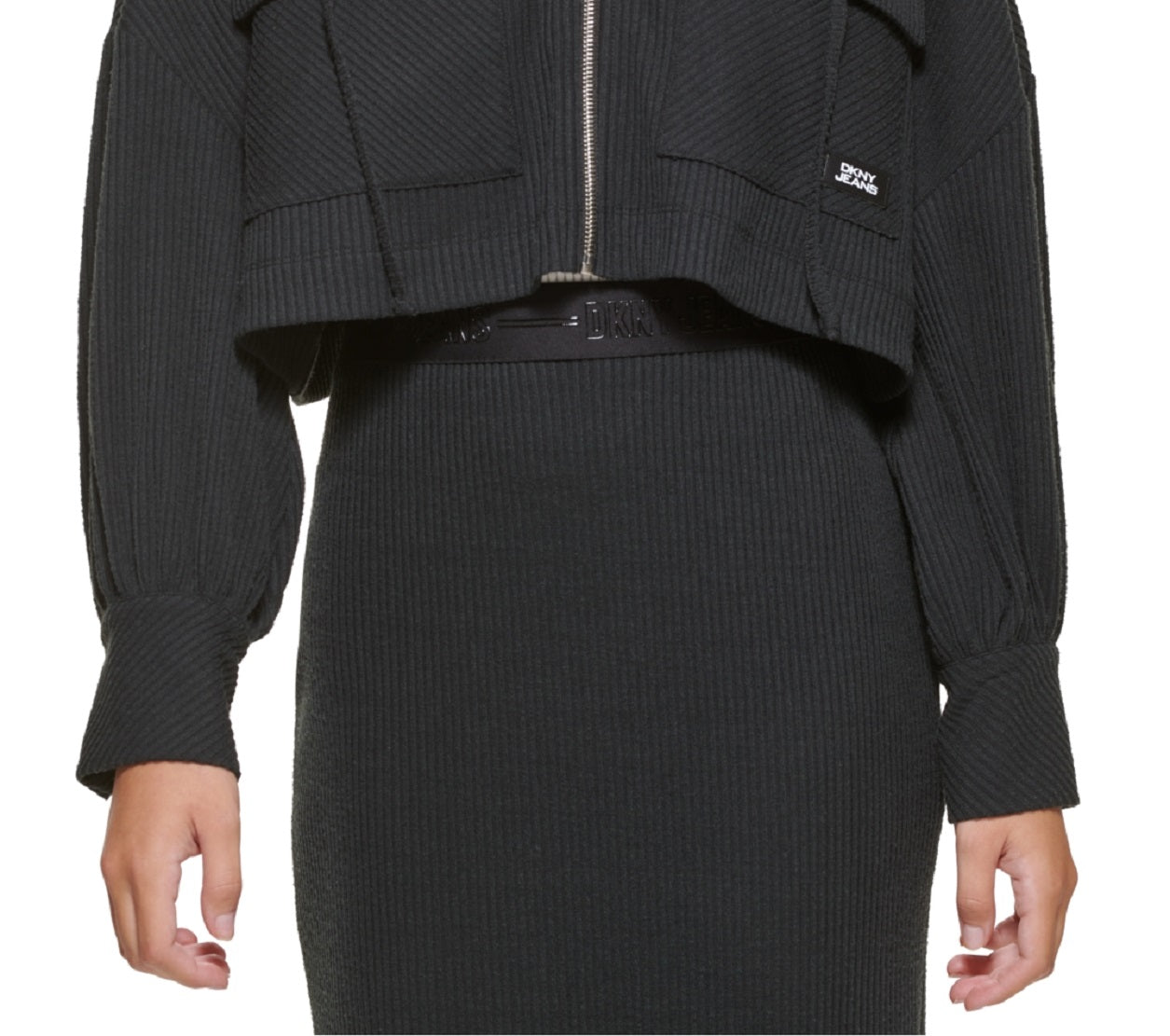 Moletom com capuz DKNY Cropped Rib Knit Feminino Preto Tamanho Médio