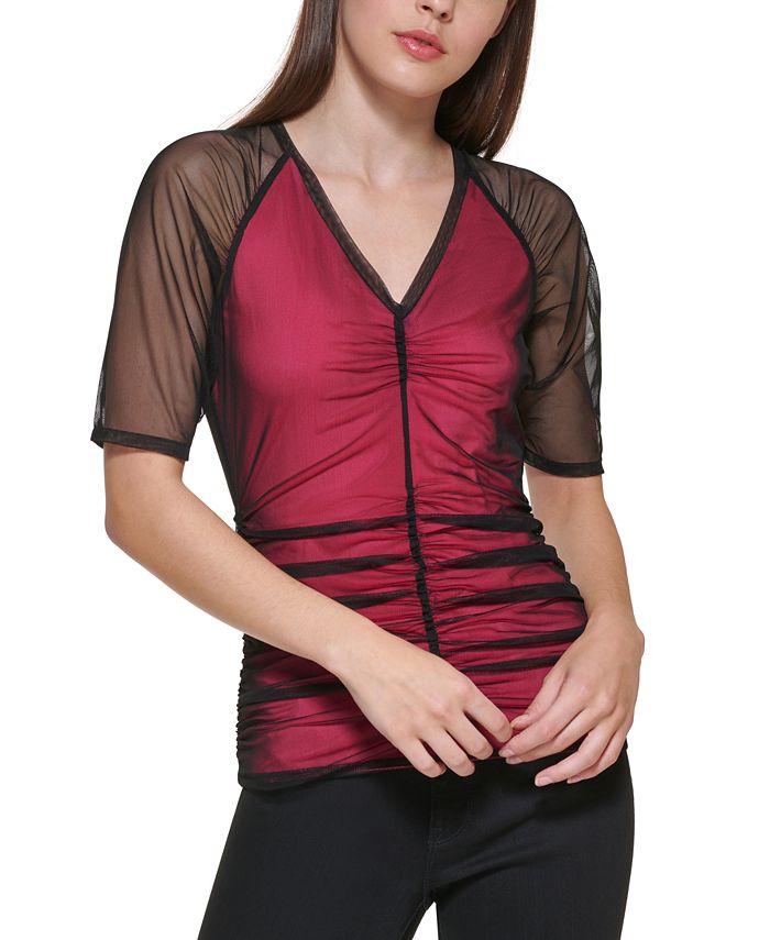 Blusa feminina DKNY com decote em V franzido, preta, tamanho grande