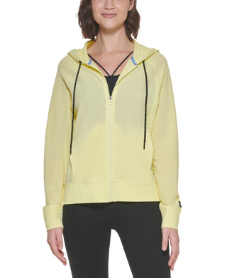 Moletom com capuz feminino DKNY Sprint Mesh Relaxed Full Zip, amarelo, tamanho grande