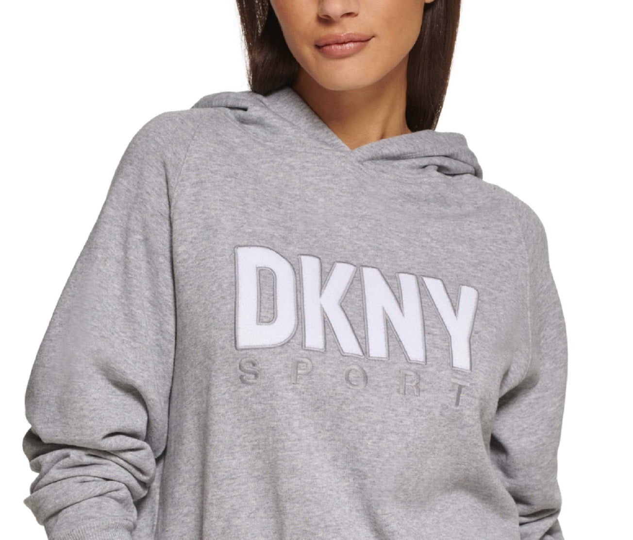 Moletom com capuz feminino DKNY com cordão na bainha, cinza, tamanho extragrande