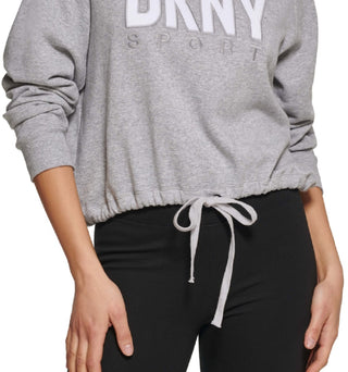 Moletom com capuz feminino DKNY com cordão na bainha, cinza, tamanho extragrande