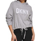 Moletom com capuz feminino DKNY com cordão na bainha, cinza, tamanho extragrande