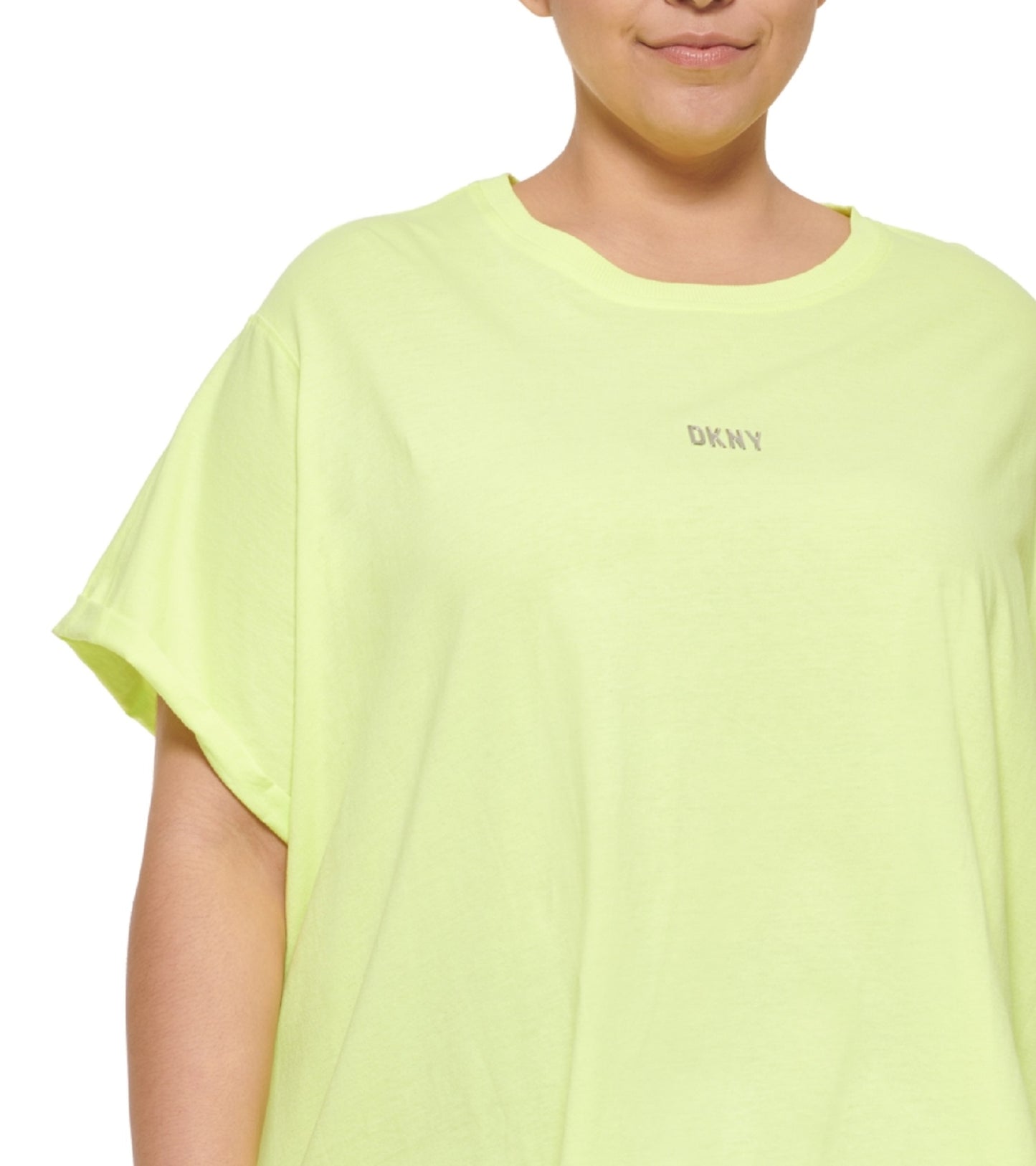 Camiseta feminina DKNY Sport Plus com logo metálico frontal e nó, amarela, tamanho 1X